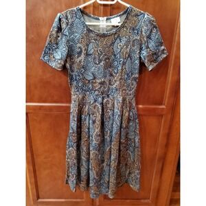 NWOT Lularoe Medium Amelia Dress Pockets Navy Soft Teal Gold Gray Short Sleeve